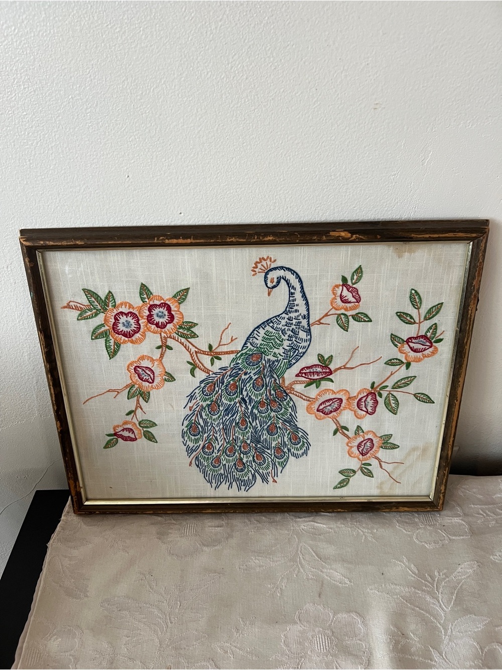 Embroidered Peacock Wall Art with Floral Motif